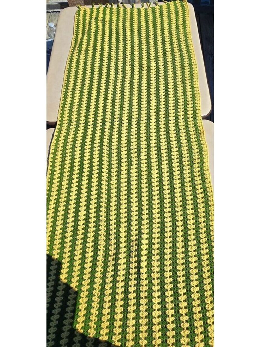 Vintage Handmade Crochet Mile-A-Minute Throw Green Gold Accent Couch Runner